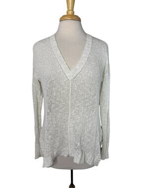 EILEEN FISHER Open Knit V-neck Pullover Sweater Snow White Sz Small Linen Blend